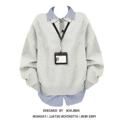 韓系穿搭格子拼接假兩件翻領毛衣女春秋冬慵懶設計感寬松早秋上衣