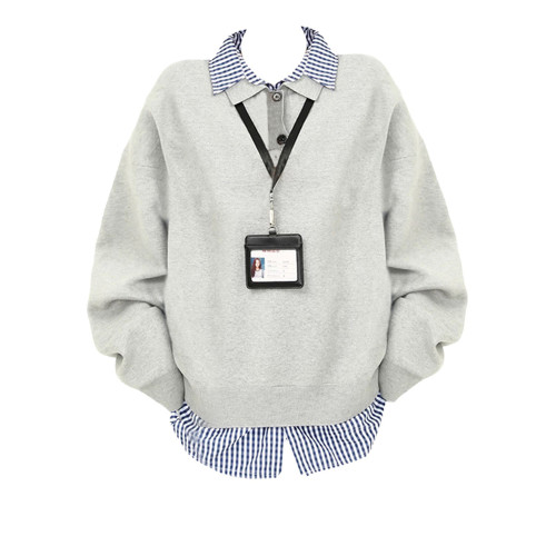 韓系穿搭格子拼接假兩件翻領毛衣女春秋冬慵懶設計感寬松早秋上衣