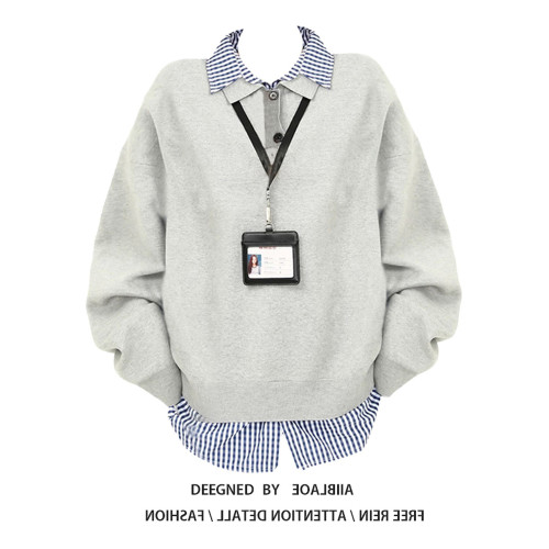 韓系穿搭格子拼接假兩件翻領毛衣女春秋冬慵懶設計感寬松早秋上衣