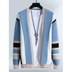 升級爆款~偏厚~男無釦敞穿V領條紋針織衫韓版休閒撞色線衣外套男