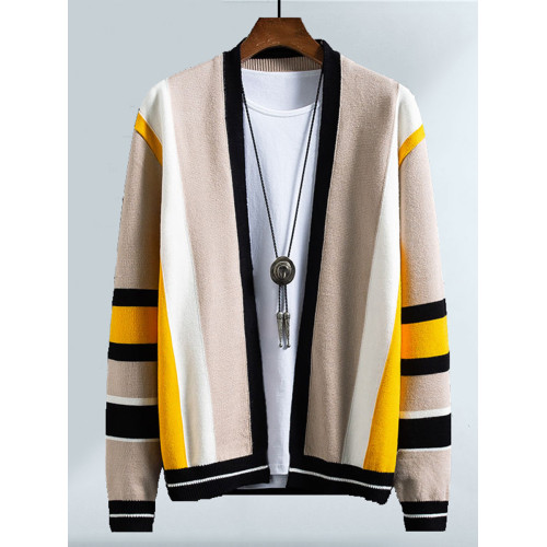 升級爆款~偏厚~男無釦敞穿V領條紋針織衫韓版休閒撞色線衣外套男 升級爆款~偏厚~男無釦敞穿V領條紋針織衫韓版休閒撞色線衣外套男