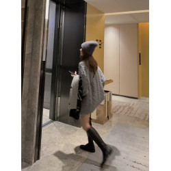 高級感慵懶風泡泡袖v領毛衣女秋冬季加厚寬松軟糯麻花針織衫上衣