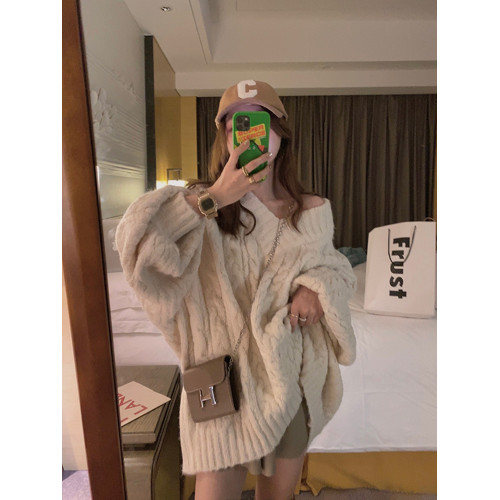 高級感慵懶風泡泡袖v領毛衣女秋冬季加厚寬松軟糯麻花針織衫上衣 高級感慵懶風泡泡袖v領毛衣女秋冬季加厚寬松軟糯麻花針織衫上衣