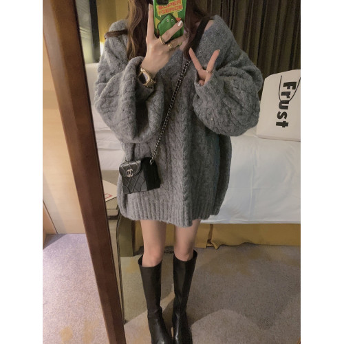 高級感慵懶風泡泡袖v領毛衣女秋冬季加厚寬松軟糯麻花針織衫上衣 高級感慵懶風泡泡袖v領毛衣女秋冬季加厚寬松軟糯麻花針織衫上衣