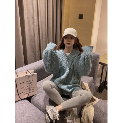 高級感慵懶風泡泡袖v領毛衣女秋冬季加厚寬松軟糯麻花針織衫上衣 高級感慵懶風泡泡袖v領毛衣女秋冬季加厚寬松軟糯麻花針織衫上衣