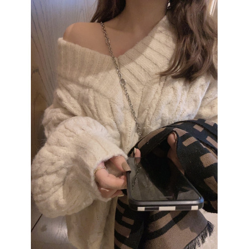 高級感慵懶風泡泡袖v領毛衣女秋冬季加厚寬松軟糯麻花針織衫上衣 高級感慵懶風泡泡袖v領毛衣女秋冬季加厚寬松軟糯麻花針織衫上衣