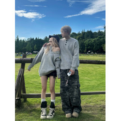 cleanfit情侶裝亨利領灰色毛衣男女秋冬慵懶風高級感外套針織衫潮