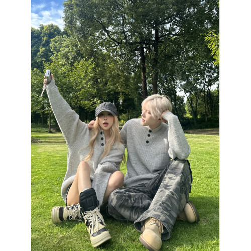 cleanfit情侶裝亨利領灰色毛衣男女秋冬慵懶風高級感外套針織衫潮 cleanfit情侶裝亨利領灰色毛衣男女秋冬慵懶風高級感外套針織衫潮