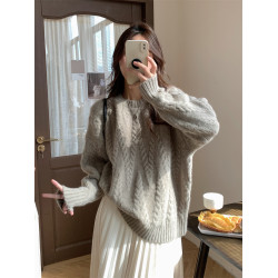 2025秋冬灰色麻花毛衣女外穿套頭圓領寬松慵懶風加厚軟糯針織上衣