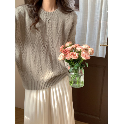 2025秋冬灰色麻花毛衣女外穿套頭圓領寬松慵懶風加厚軟糯針織上衣