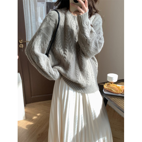 2025秋冬灰色麻花毛衣女外穿套頭圓領寬松慵懶風加厚軟糯針織上衣