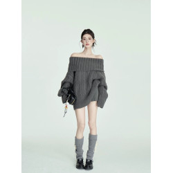 軟糯一字肩經典灰色高領毛衣女冬季慵懶風寬松保暖多穿法長袖上衣