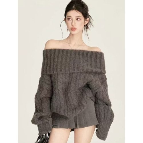 軟糯一字肩經典灰色高領毛衣女冬季慵懶風寬松保暖多穿法長袖上衣