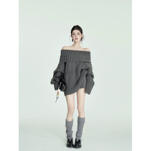 軟糯一字肩經典灰色高領毛衣女冬季慵懶風寬松保暖多穿法長袖上衣