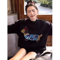 潮牌臘腸狗刺綉黑色毛衣女軟糯慵懶高級感秋冬圓領套頭針織衫上衣