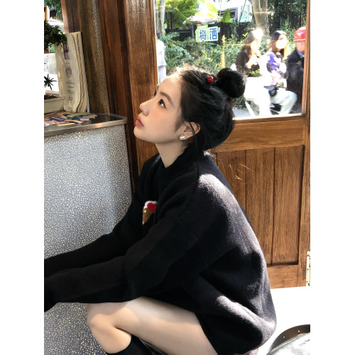 潮牌臘腸狗刺綉黑色毛衣女軟糯慵懶高級感秋冬圓領套頭針織衫上衣 潮牌臘腸狗刺綉黑色毛衣女軟糯慵懶高級感秋冬圓領套頭針織衫上衣