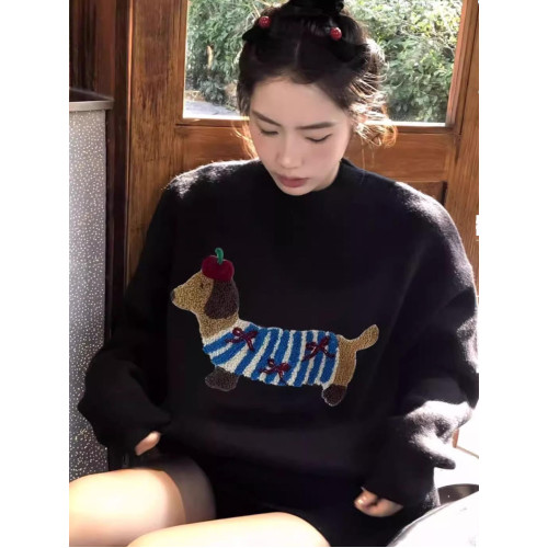 潮牌臘腸狗刺綉黑色毛衣女軟糯慵懶高級感秋冬圓領套頭針織衫上衣 潮牌臘腸狗刺綉黑色毛衣女軟糯慵懶高級感秋冬圓領套頭針織衫上衣