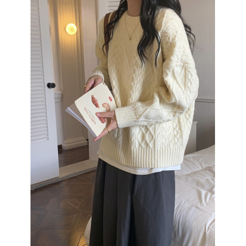 ZY自製 新年紅色毛衣女秋冬外穿寬松復古麻花圓領慵懶套頭針織衫 ZY自製 新年紅色毛衣女秋冬外穿寬松復古麻花圓領慵懶套頭針織衫