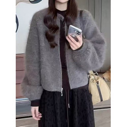 大碼女裝毛絨感一粒釦拉鍊毛衣外套秋季新款胖mm寬松顯瘦針織上衣