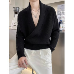 韓系輕熟風設計感純色大V領垂感針織毛衣男慵嬾寬鬆線衣痞帥外套