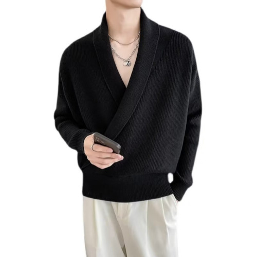 韓系輕熟風設計感純色大V領垂感針織毛衣男慵嬾寬鬆線衣痞帥外套