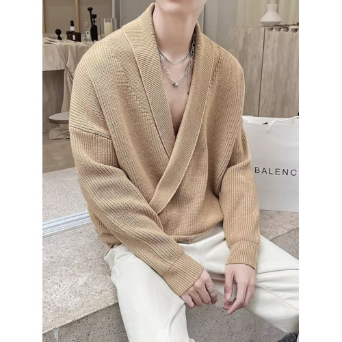 韓系輕熟風設計感純色大V領垂感針織毛衣男慵嬾寬鬆線衣痞帥外套