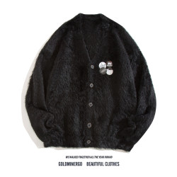 秋冬季胸針徽章紫色針織衫外套男女寬鬆慵嬾風高級感情侶開衫毛衣