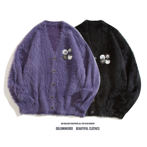 秋冬季胸針徽章紫色針織衫外套男女寬鬆慵嬾風高級感情侶開衫毛衣