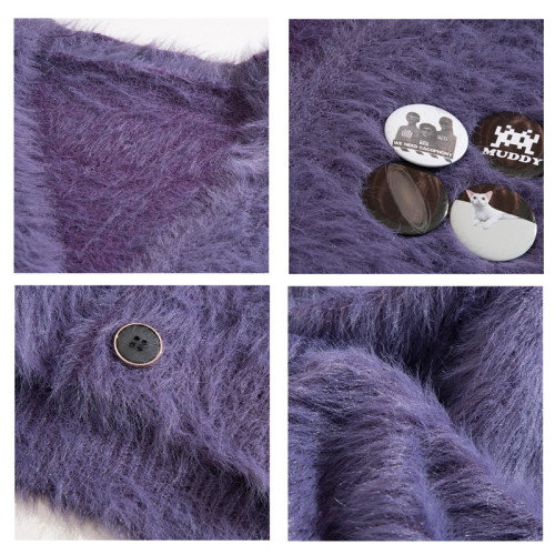 秋冬季胸針徽章紫色針織衫外套男女寬鬆慵嬾風高級感情侶開衫毛衣