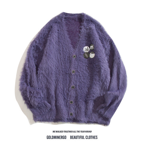 秋冬季胸針徽章紫色針織衫外套男女寬鬆慵嬾風高級感情侶開衫毛衣