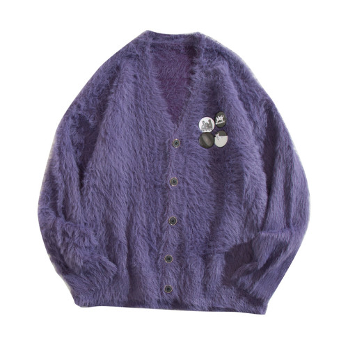 秋冬季胸針徽章紫色針織衫外套男女寬鬆慵嬾風高級感情侶開衫毛衣