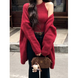 慵懶高級感聖誕穿搭紅色毛衣開衫外套女秋冬針織2025新款上衣套裝