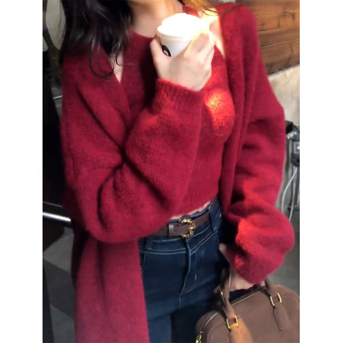 慵懶高級感聖誕穿搭紅色毛衣開衫外套女秋冬針織2025新款上衣套裝 慵懶高級感聖誕穿搭紅色毛衣開衫外套女秋冬針織2025新款上衣套裝