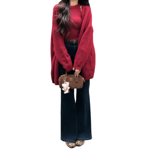 慵懶高級感聖誕穿搭紅色毛衣開衫外套女秋冬針織2025新款上衣套裝 慵懶高級感聖誕穿搭紅色毛衣開衫外套女秋冬針織2025新款上衣套裝