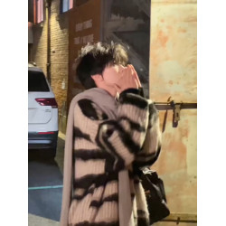 美式黑白條紋馬海毛毛衣男款秋冬慵懶風松弛感穿搭情侶針織衫外套