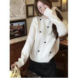 慵懶風甜美愛心圓領套頭毛衣女秋冬季新款針織打底衫寬松百搭上衣