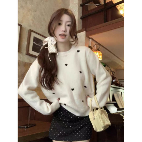 慵懶風甜美愛心圓領套頭毛衣女秋冬季新款針織打底衫寬松百搭上衣