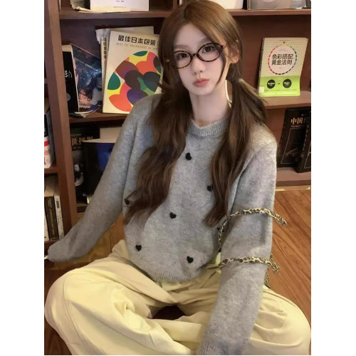 慵懶風甜美愛心圓領套頭毛衣女秋冬季新款針織打底衫寬松百搭上衣