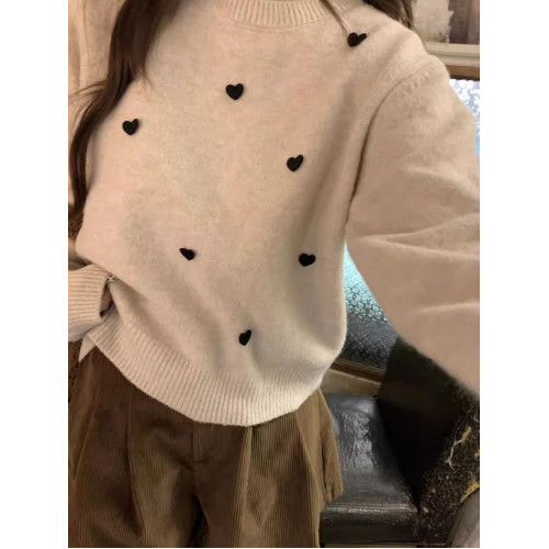 慵懶風甜美愛心圓領套頭毛衣女秋冬季新款針織打底衫寬松百搭上衣