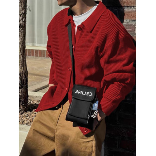 美式包芯紗針織開衫潮男單排釦長袖繙領工裝衛衣韓系休閒線衣外套