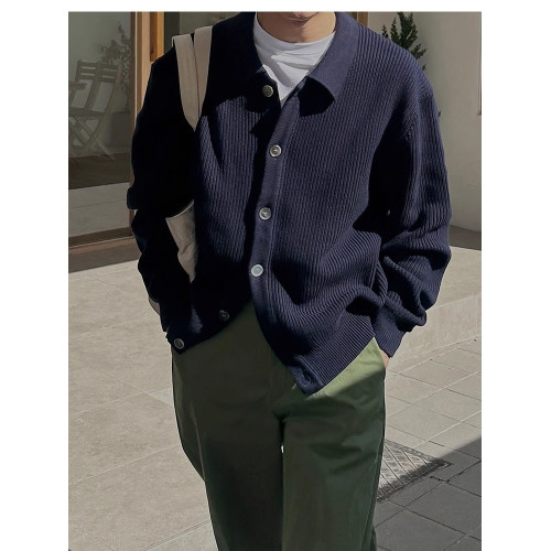 美式包芯紗針織開衫潮男單排釦長袖繙領工裝衛衣韓系休閒線衣外套