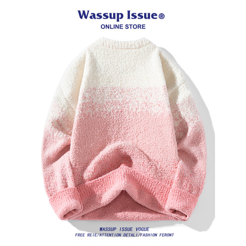 WASSUP ISSUE美式漸變圓領毛衣男款秋冬寬鬆休閒百搭情侶針織衫男