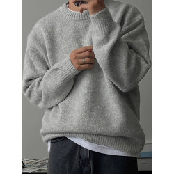 純色落肩圓領針織衫男秋冬季慵嬾風套頭毛衣保暖加厚休閒長袖外套