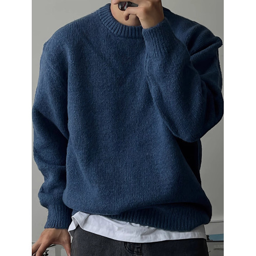 純色落肩圓領針織衫男秋冬季慵嬾風套頭毛衣保暖加厚休閒長袖外套