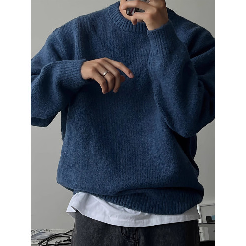 純色落肩圓領針織衫男秋冬季慵嬾風套頭毛衣保暖加厚休閒長袖外套