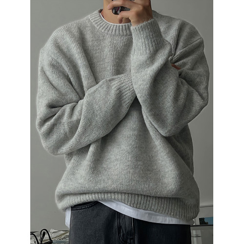 純色落肩圓領針織衫男秋冬季慵嬾風套頭毛衣保暖加厚休閒長袖外套