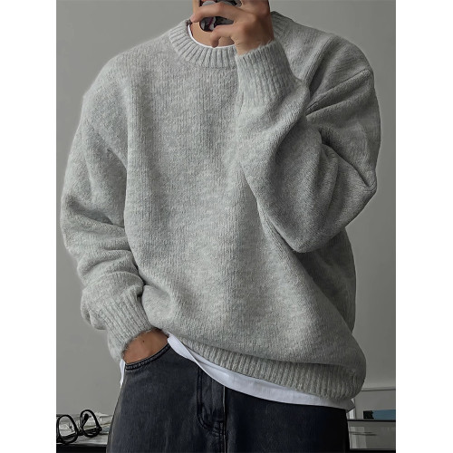 純色落肩圓領針織衫男秋冬季慵嬾風套頭毛衣保暖加厚休閒長袖外套