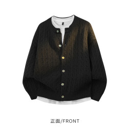 大碼圓領開衫毛衣男秋冬新款保暖肌理感針織衫外套簡約基礎款上衣