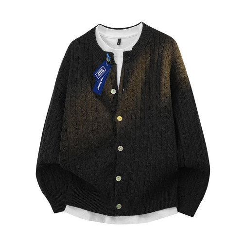 大碼圓領開衫毛衣男秋冬新款保暖肌理感針織衫外套簡約基礎款上衣