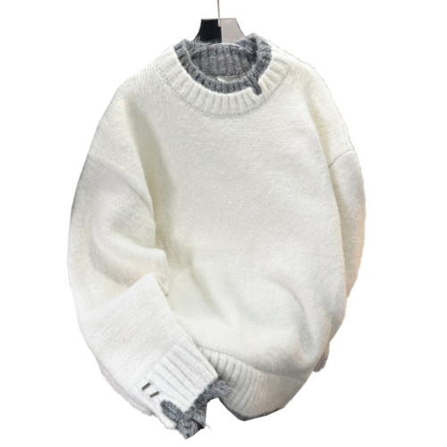 破壞感假兩件毛衣男秋冬季軟糯慵嬾風針織衫寬鬆潮流美式情侶線衣